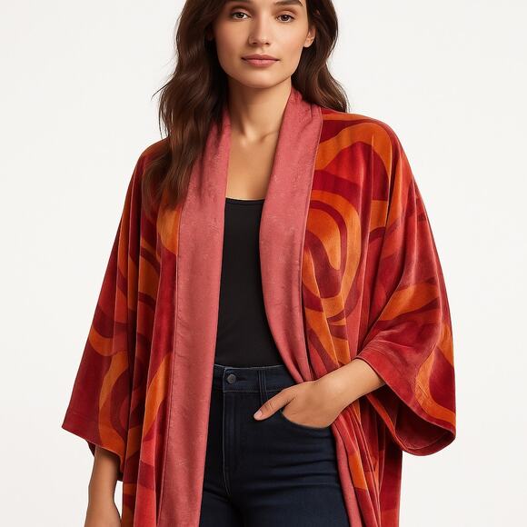 Boho Luxe Artisan Velvet Open Red Orange Kimono Jacket, L/XL - Picture 1 of 5